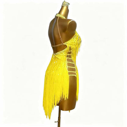 Custom Yellow Halter Fringe Latin Competition Dress