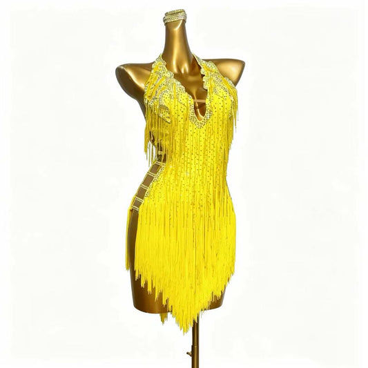 Custom Yellow Halter Fringe Latin Competition Dress