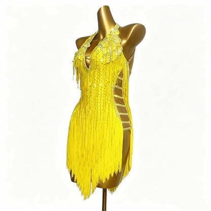 Custom Yellow Halter Fringe Latin Competition Dress