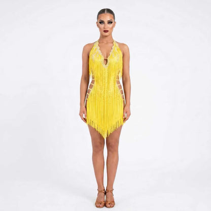 Custom Yellow Halter Fringe Latin Competition Dress