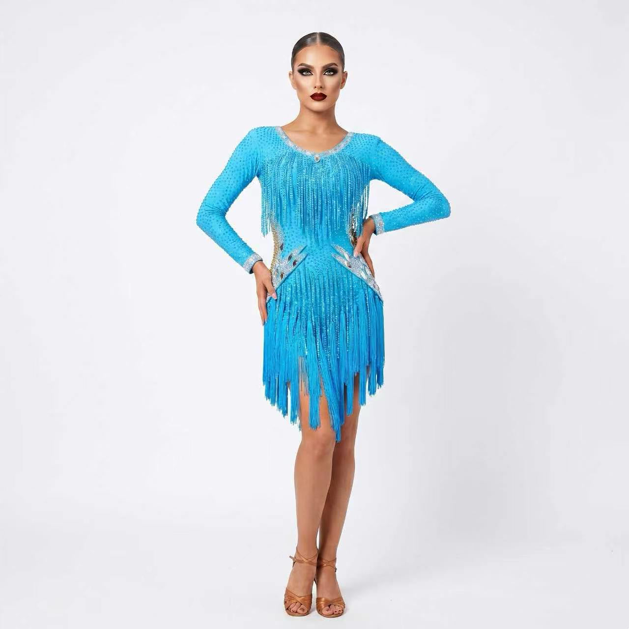 Custom Blue Long Sleeve Fringe Latin Competition Dress