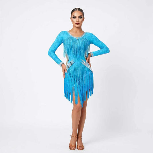Custom Blue Long Sleeve Fringe Latin Competition Dress