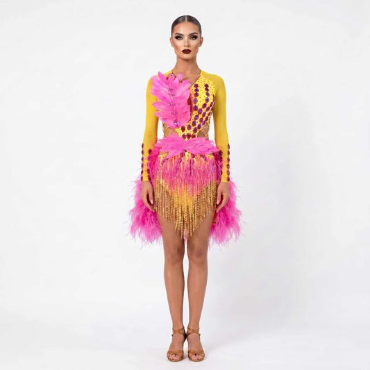 Custom Long Sleeve Feather Fringe Latin Competition Dress