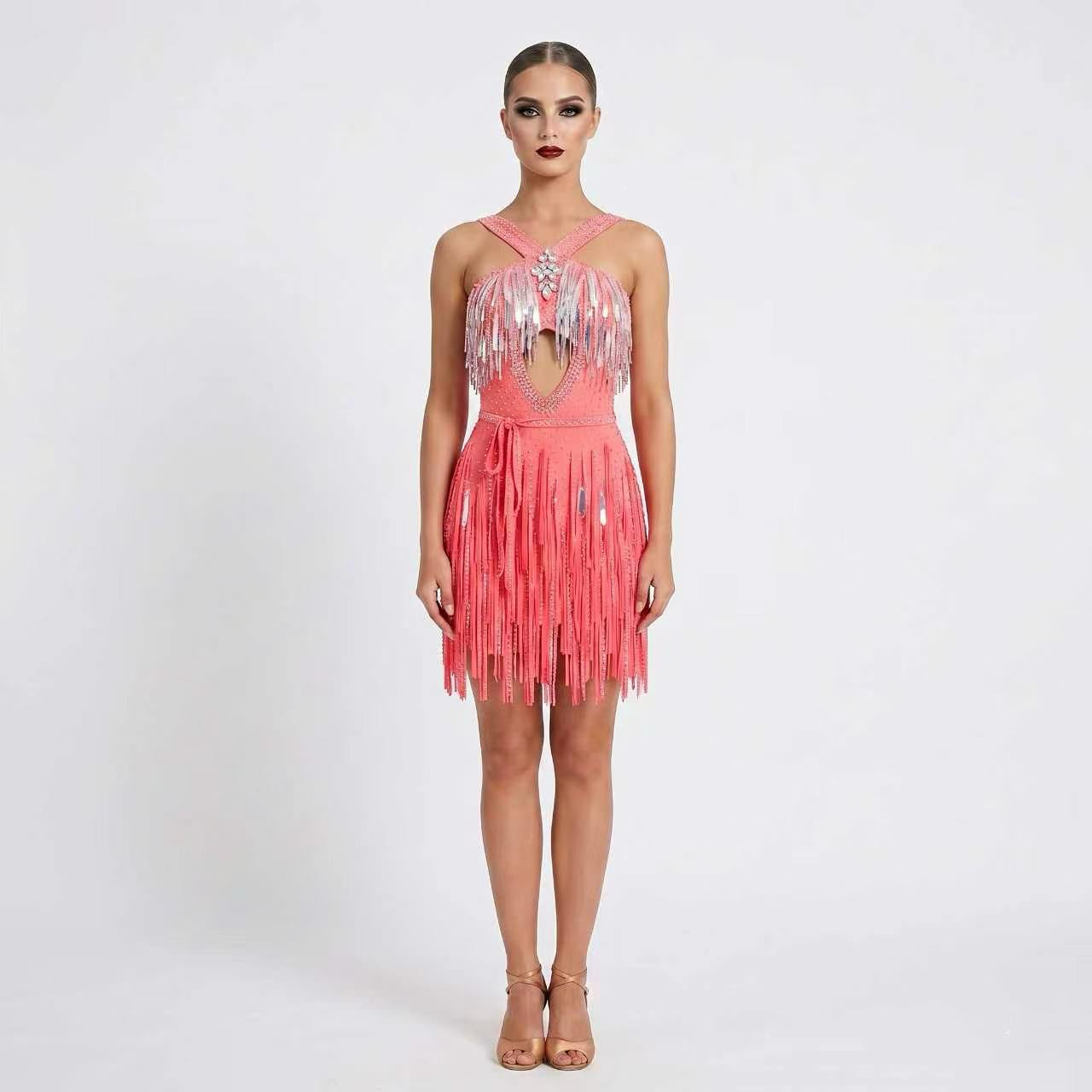 Custom Halter Cutout Sparkle Fringe Latin Competition Dress