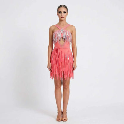 Custom Halter Cutout Sparkle Fringe Latin Competition Dress