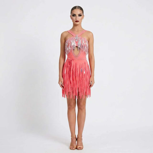 Custom Halter Cutout Sparkle Fringe Latin Competition Dress