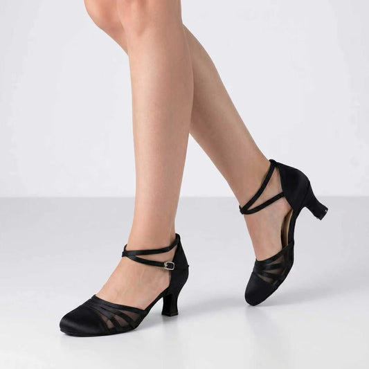 Black Satin Mesh Ballroom Dance Competition Shoes