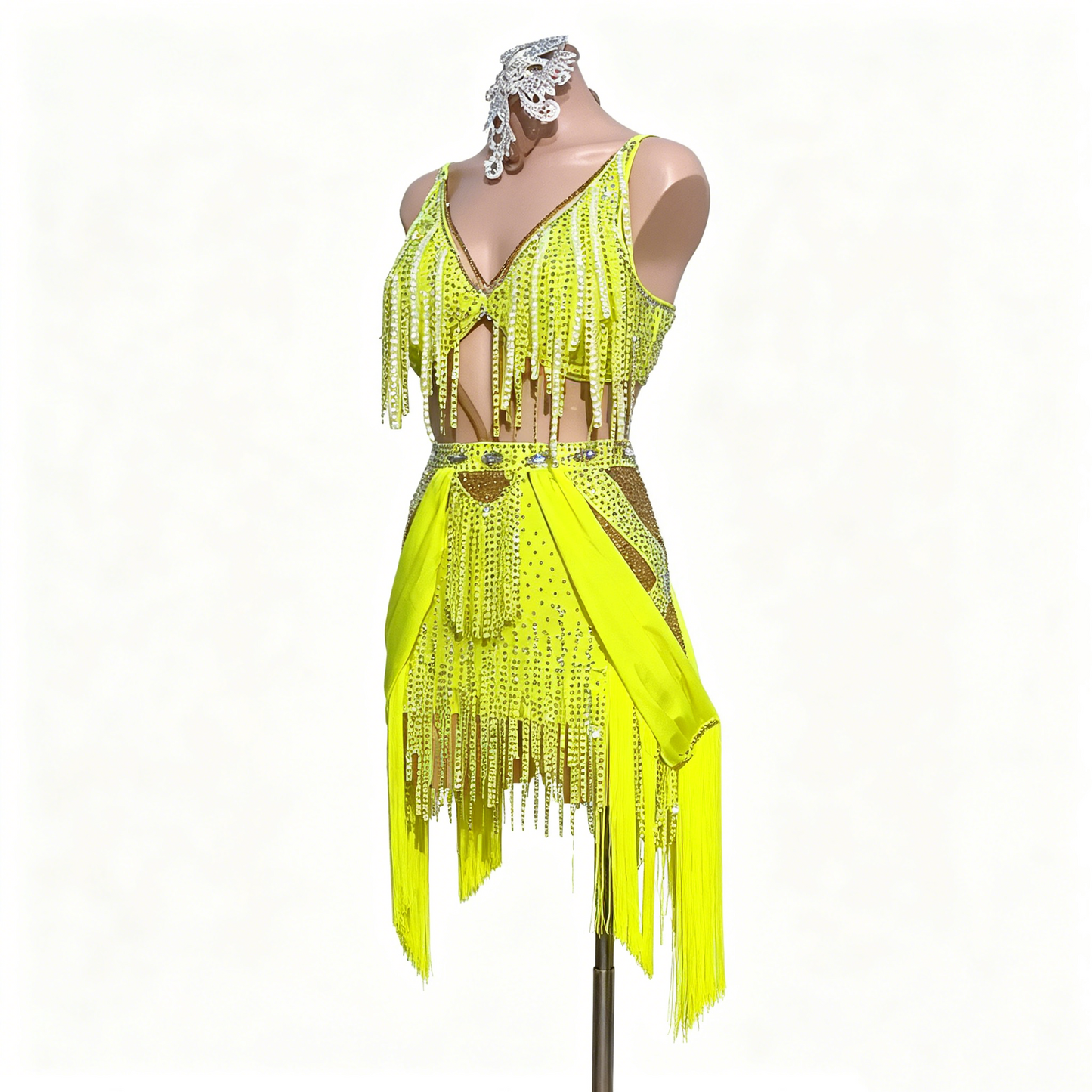 Custom Yellow Fringe Cutout Latin Competition Dress