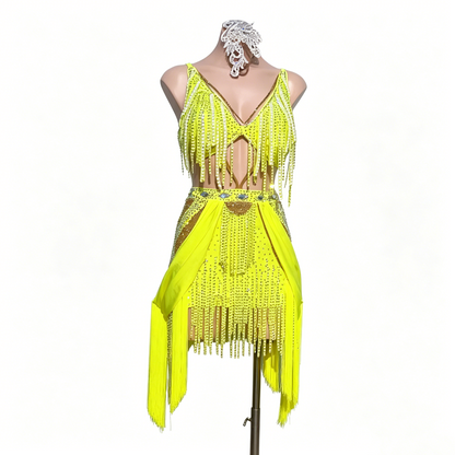Custom Yellow Fringe Cutout Latin Competition Dress
