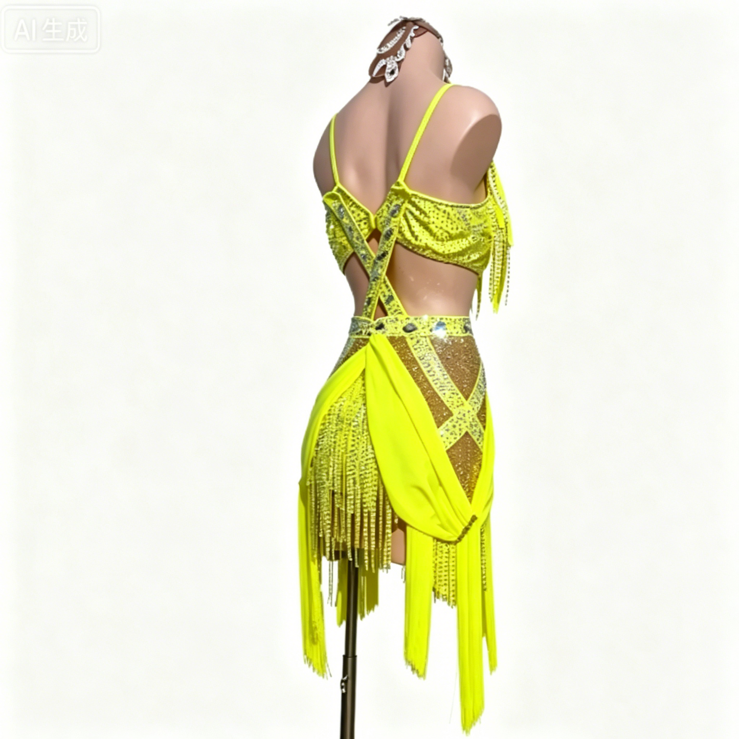 Custom Yellow Fringe Cutout Latin Competition Dress