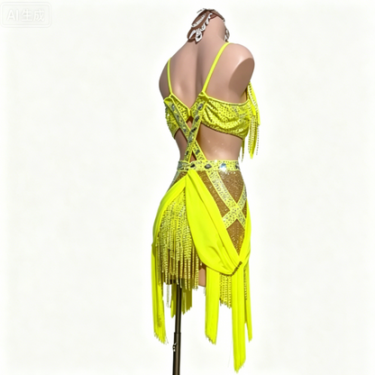 Custom Yellow Fringe Cutout Latin Competition Dress