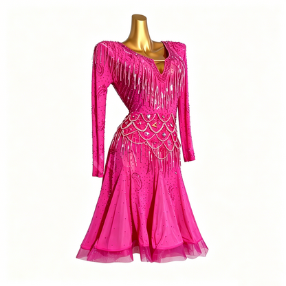 Custom Magenta Sparkle Fringe Long Sleeve Latin Competition Dress