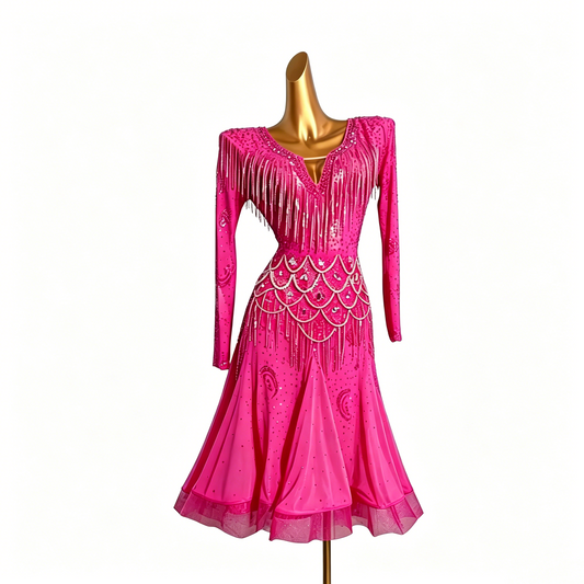 Custom Magenta Sparkle Fringe Long Sleeve Latin Competition Dress