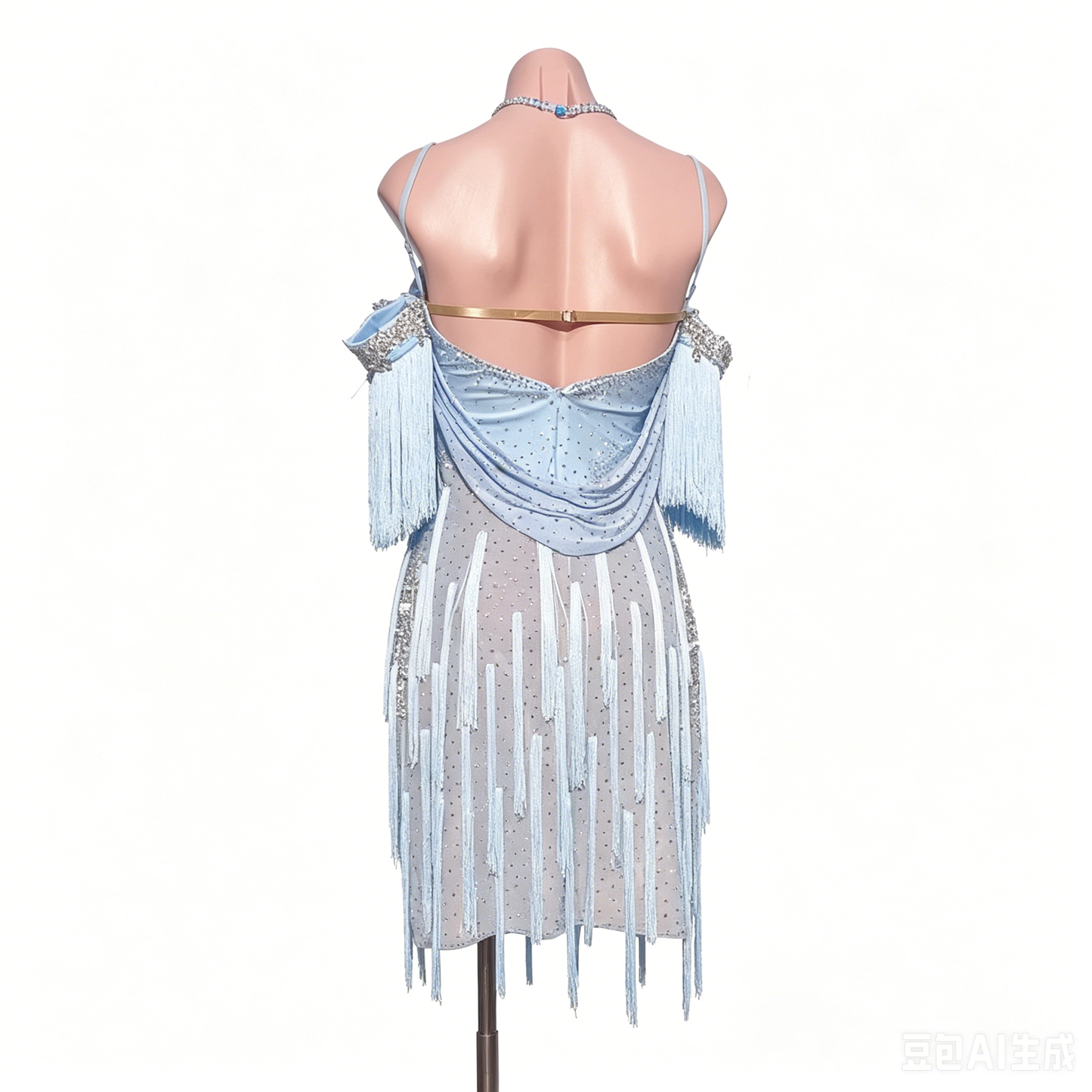 Custom Ice Blue Rhinestone Fringe Latin Competition Dress