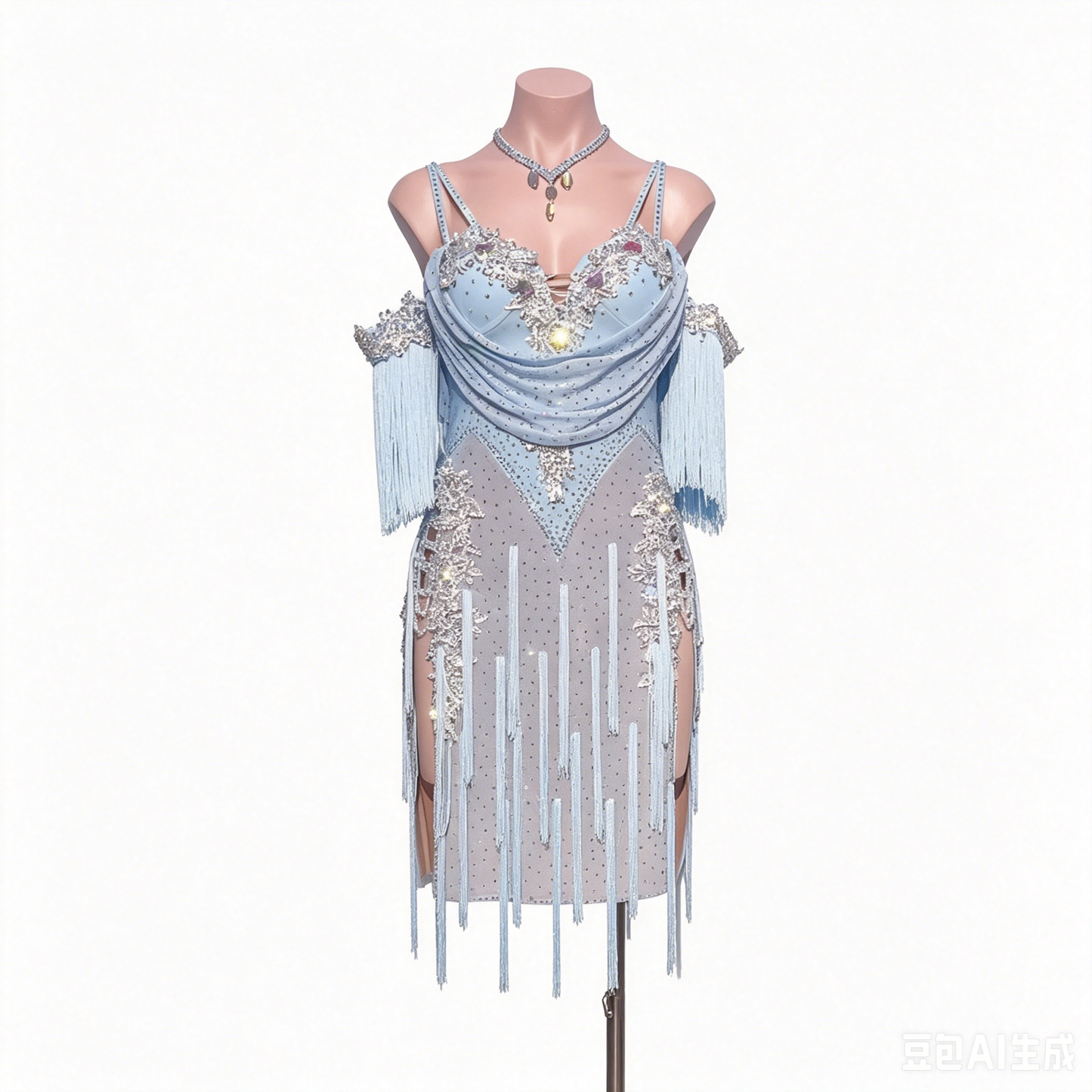 Custom Ice Blue Rhinestone Fringe Latin Competition Dress