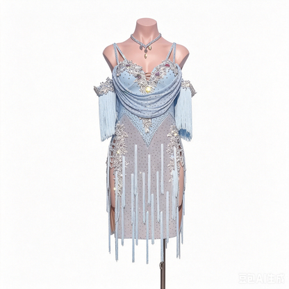 Custom Ice Blue Rhinestone Fringe Latin Competition Dress