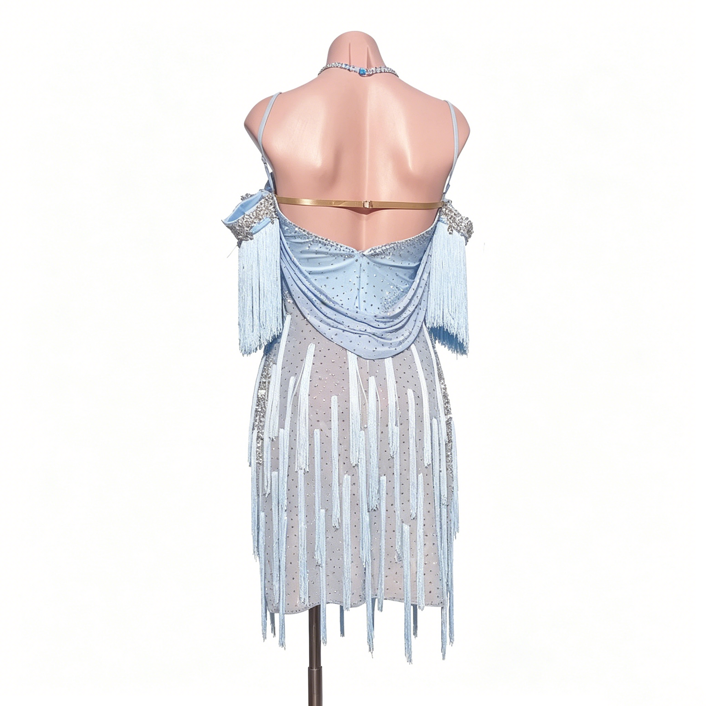 Custom Ice Blue Rhinestone Fringe Latin Competition Dress