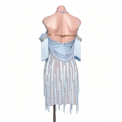Custom Ice Blue Rhinestone Fringe Latin Competition Dress