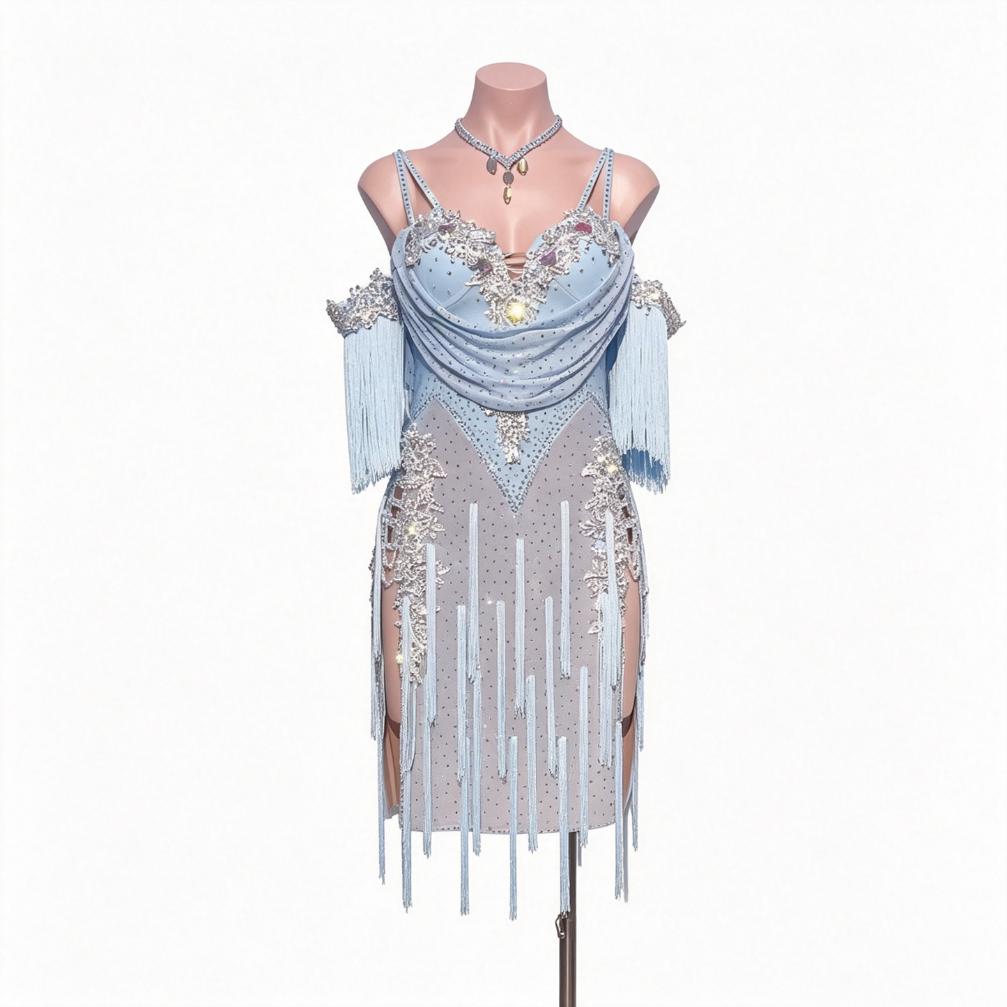 Custom Ice Blue Rhinestone Fringe Latin Competition Dress