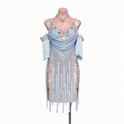 Custom Ice Blue Rhinestone Fringe Latin Competition Dress