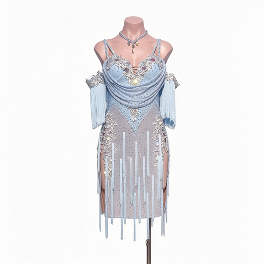 Custom Ice Blue Rhinestone Fringe Latin Competition Dress