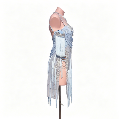 Custom Ice Blue Rhinestone Fringe Latin Competition Dress