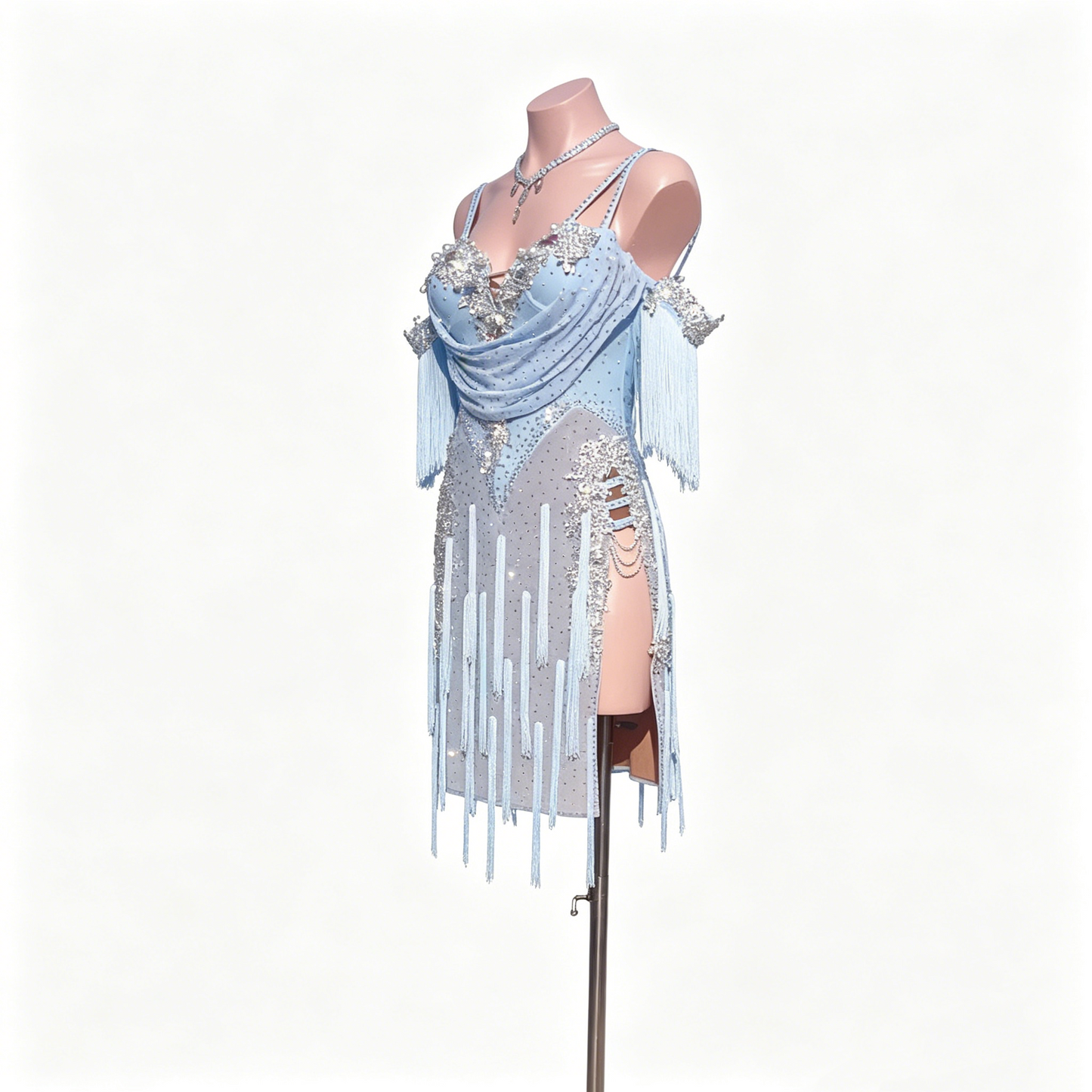 Custom Ice Blue Rhinestone Fringe Latin Competition Dress