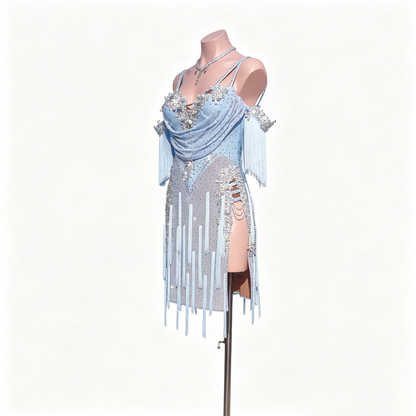 Custom Ice Blue Rhinestone Fringe Latin Competition Dress