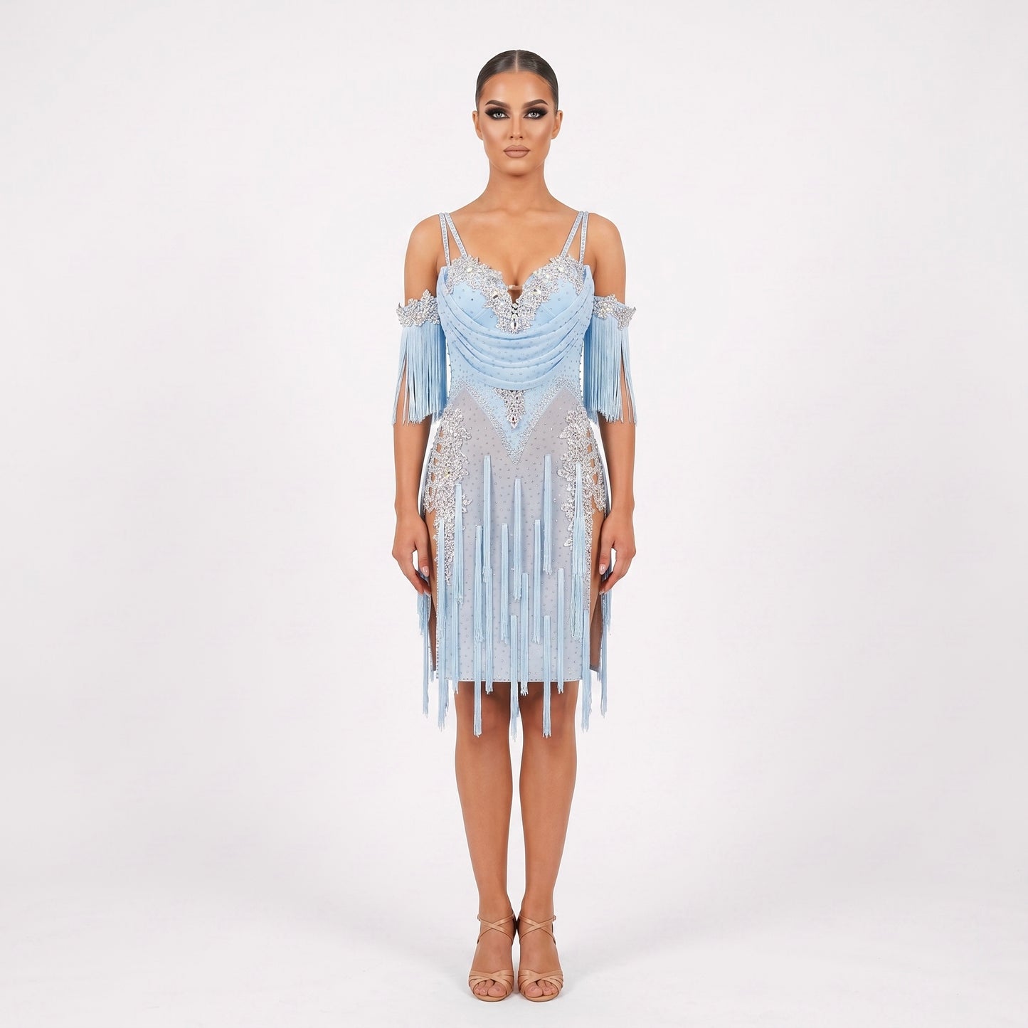 Custom Ice Blue Rhinestone Fringe Latin Competition Dress