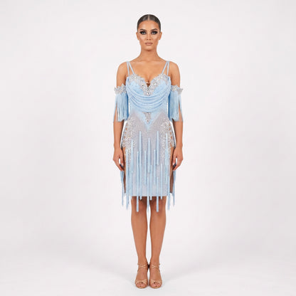 Custom Ice Blue Rhinestone Fringe Latin Competition Dress