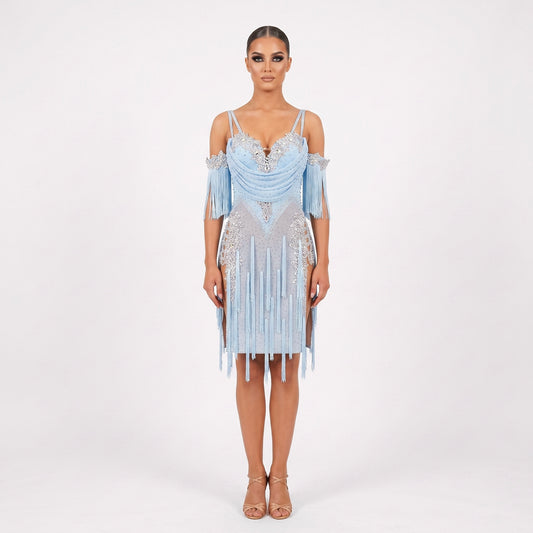 Custom Ice Blue Rhinestone Fringe Latin Competition Dress