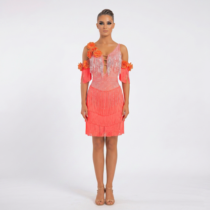 Custom Coral Tiered Fringe Latin Competition Dress