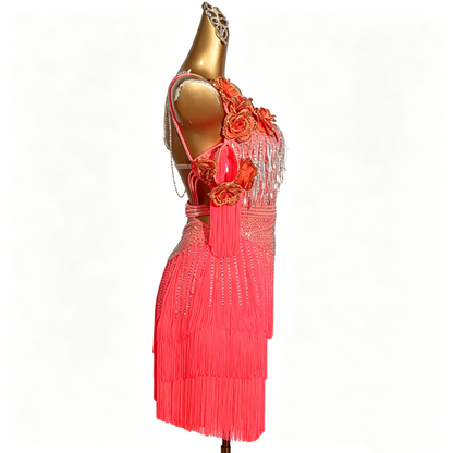 Custom Coral Tiered Fringe Latin Competition Dress