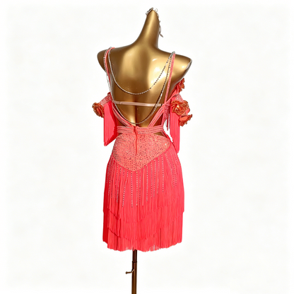 Custom Coral Tiered Fringe Latin Competition Dress
