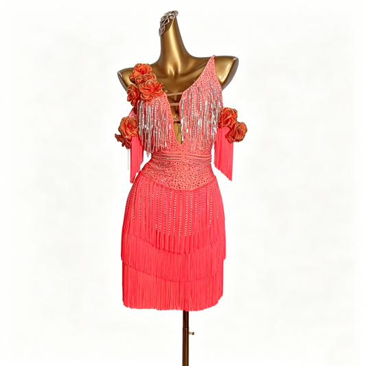 Custom Coral Tiered Fringe Latin Competition Dress