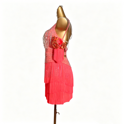 Custom Coral Tiered Fringe Latin Competition Dress