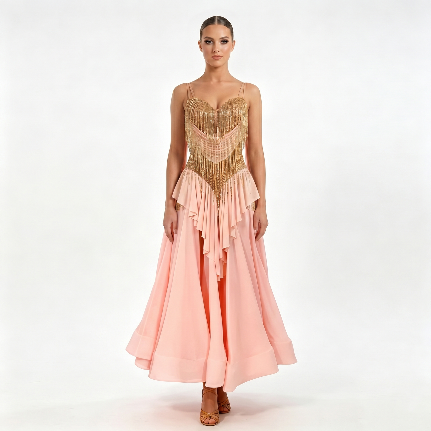 Custom Blush Gold Tassel Layered Ballroom Competition Dress