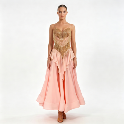 Custom Blush Gold Tassel Layered Ballroom Competition Dress