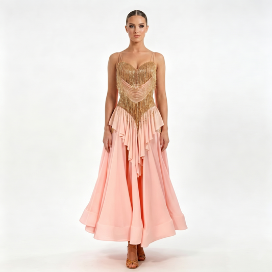 Custom Blush Gold Tassel Layered Ballroom Competition Dress