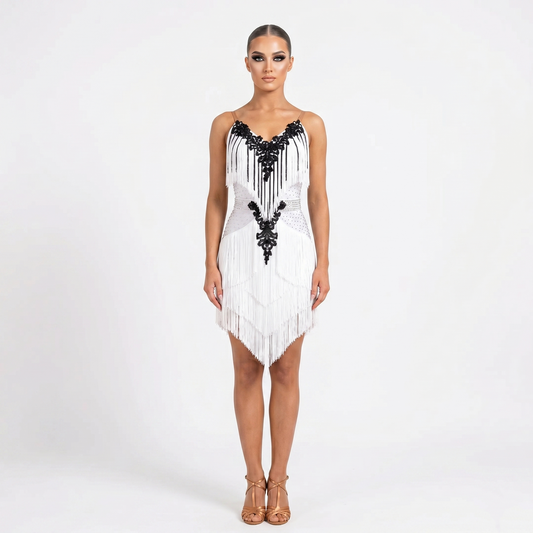 Custom Two Tone Lace Fringe Stage Latin Competition Dress
