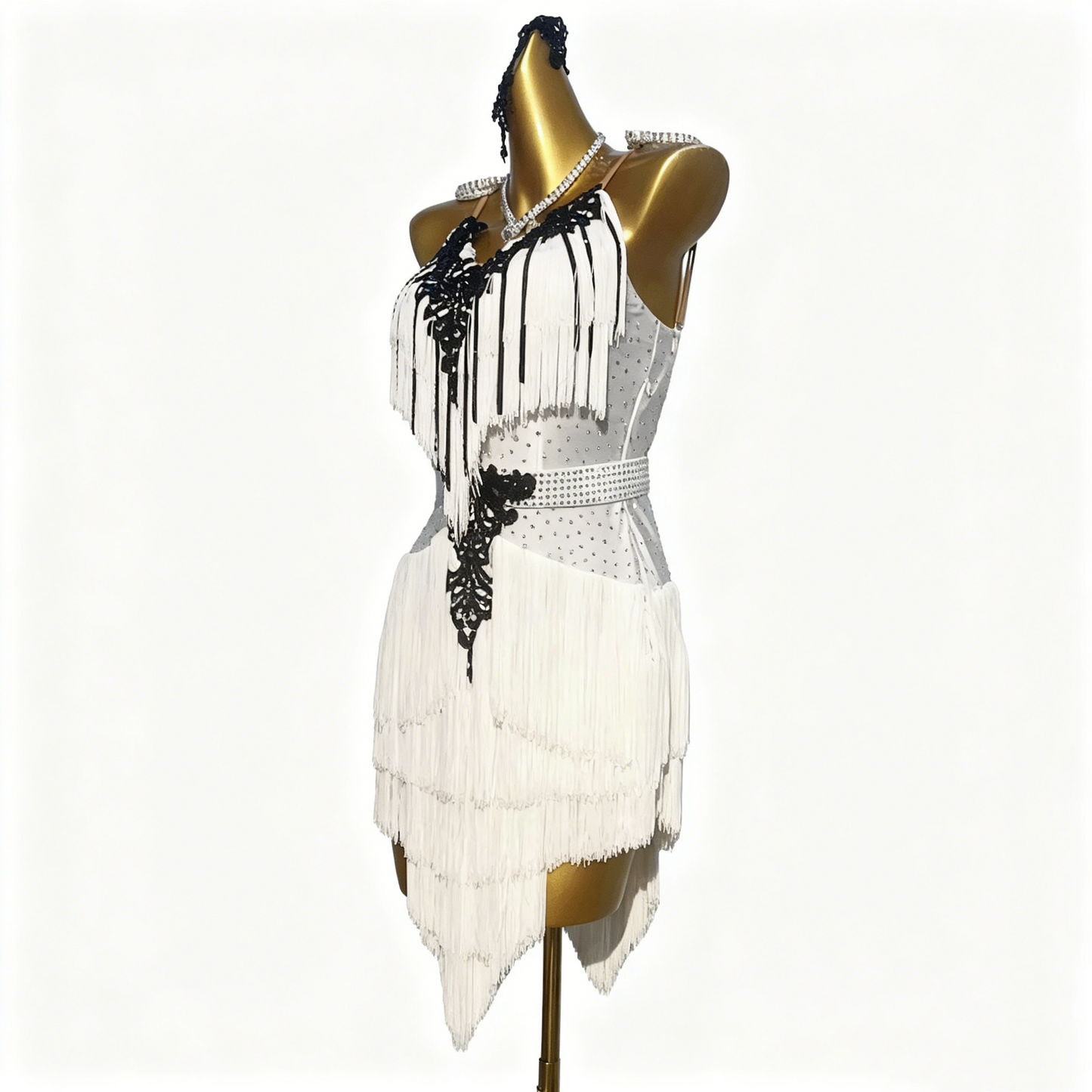 Custom Classic White Black Rhinestone Irregular Fringe Latin Competition Dress