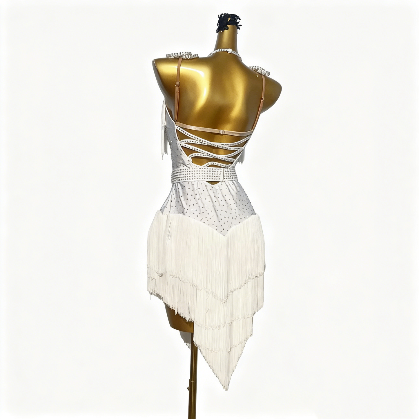 Custom Classic White Black Rhinestone Irregular Fringe Latin Competition Dress