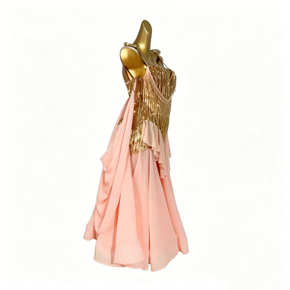 Custom Blush Gold Tassel Layered Ballroom Competition Dress