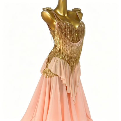 Custom Blush Gold Tassel Layered Ballroom Competition Dress