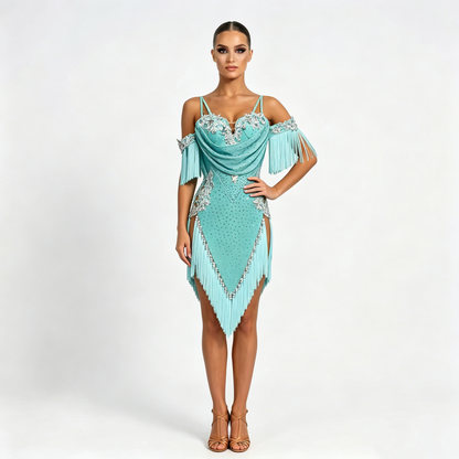 Custom Turquoise Off Shoulder Pearl Rhinestone Fringe Latin Competition Dress