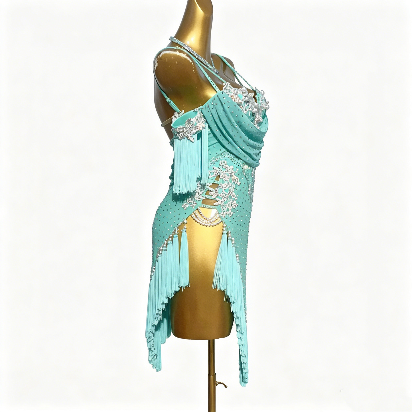 Custom Turquoise Off Shoulder Pearl Rhinestone Fringe Latin Competition Dress