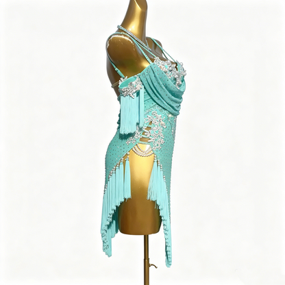 Custom Turquoise Off Shoulder Pearl Rhinestone Fringe Latin Competition Dress