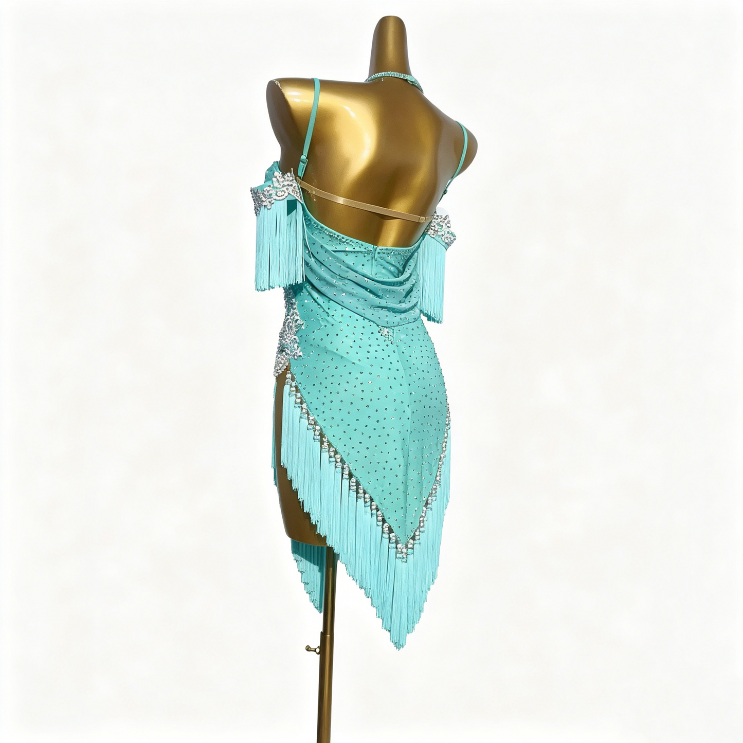 Custom Turquoise Off Shoulder Pearl Rhinestone Fringe Latin Competition Dress