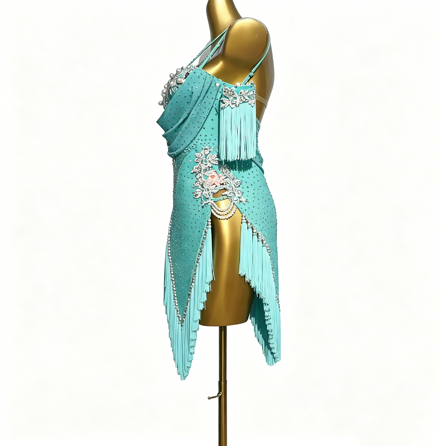 Custom Turquoise Off Shoulder Pearl Rhinestone Fringe Latin Competition Dress