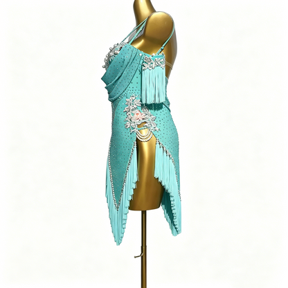 Custom Turquoise Off Shoulder Pearl Rhinestone Fringe Latin Competition Dress
